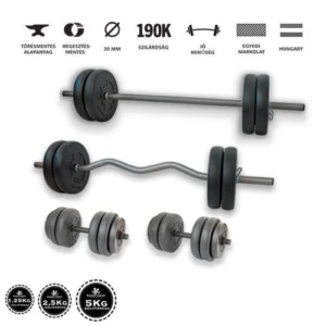 Gazo Fitness hardcore súlyzókészlet 72 kg, kétkezes rúddal, francia rúddal, kézi súlyzó párral és különböző súlytárcsákkal