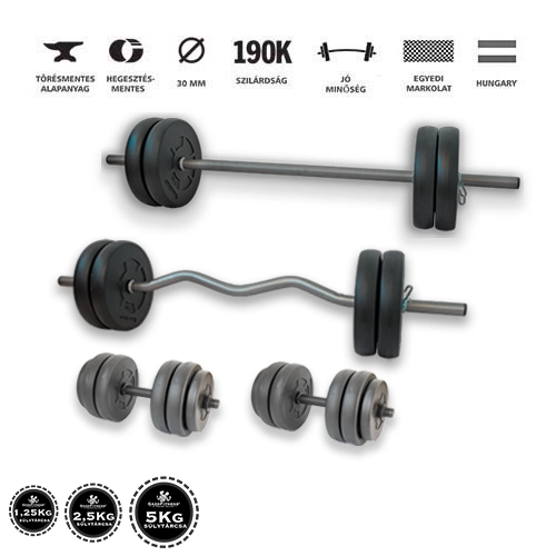 Gazo Fitness hardcore súlyzókészlet 72 kg, kétkezes rúddal, francia rúddal, kézi súlyzó párral és különböző súlytárcsákkal