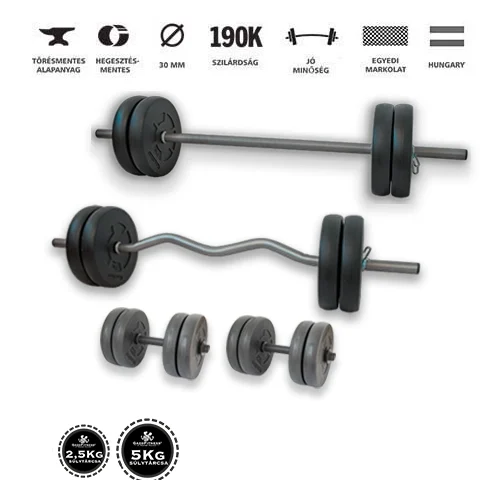 Gazo Fitness hardcore súlyzós csomag 66 kg kétkezes rúddal, francia rúddal és 1 pár kézi súlyzóval, 2,5 és 5 kg-os súlytárcsákkal