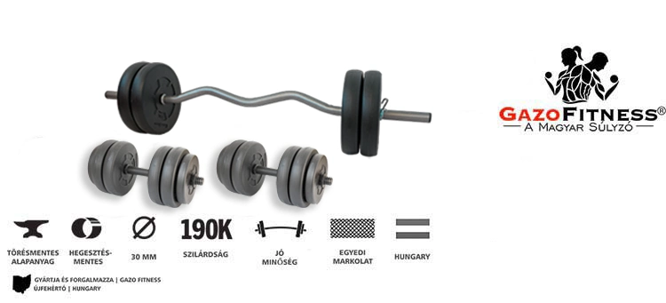 Gazo Fitness hardcore súlyzókészlet 50 kg, kétkezes rúddal, francia rúddal, kézi súlyzó párral és különböző méretű súlytárcsákkal