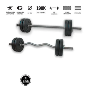 azo Fitness hardcore súlyzós csomag 45 kg kétkezes rúddal, francia rúddal és 5 kg-os súlytárcsákkal