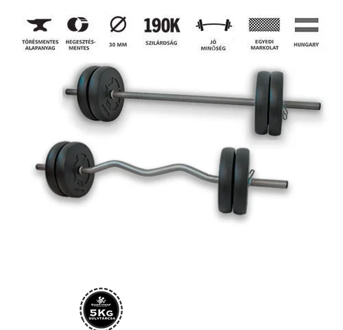 azo Fitness hardcore súlyzós csomag 45 kg kétkezes rúddal, francia rúddal és 5 kg-os súlytárcsákkal