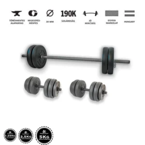 Gazo Fitness hardcore súlyzókészlet 50 kg, kétkezes rúddal, kézi súlyzó párral és különböző méretű súlytárcsákkal