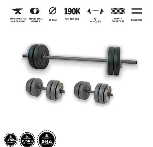 Gazo Fitness hardcore súlyzókészlet 50 kg, kétkezes rúddal, kézi súlyzó párral és különböző méretű súlytárcsákkal