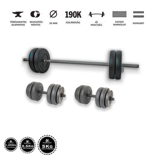 Gazo Fitness hardcore súlyzókészlet 50 kg, kétkezes rúddal, kézi súlyzó párral és különböző méretű súlytárcsákkal
