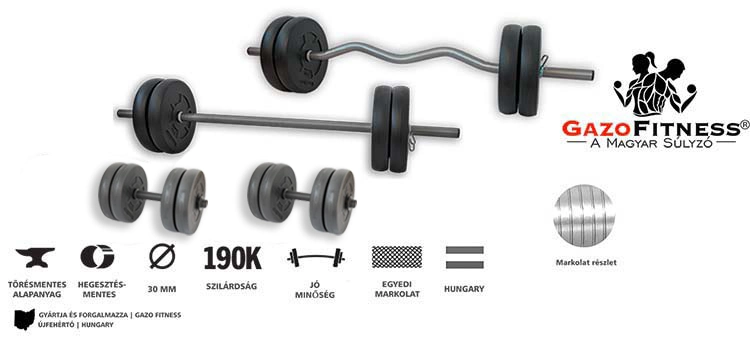 Gazo Fitness hardcore súlyzós csomag 66 kg kétkezes rúddal, francia rúddal és 1 pár kézi súlyzóval, 2,5 és 5 kg-os súlytárcsákkal