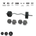 Gazo Fitness hardcore súlyzókészlet 50 kg, kétkezes rúddal, francia rúddal, kézi súlyzó párral és különböző méretű súlytárcsákkal