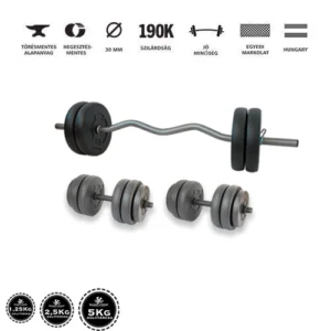 Gazo Fitness hardcore súlyzókészlet 50 kg, kétkezes rúddal, francia rúddal, kézi súlyzó párral és különböző méretű súlytárcsákkal