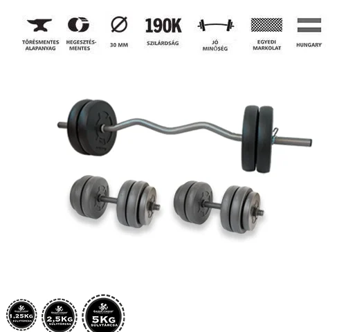 Gazo Fitness hardcore súlyzókészlet 50 kg, kétkezes rúddal, francia rúddal, kézi súlyzó párral és különböző méretű súlytárcsákkal