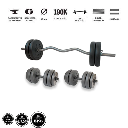 Gazo Fitness hardcore súlyzókészlet 50 kg, kétkezes rúddal, francia rúddal, kézi súlyzó párral és különböző méretű súlytárcsákkal