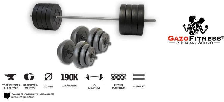 Gazo Fitness kézi súlyzók – egy kétkezes és két egykezes súlyzó modern kialakításban.