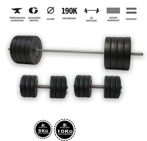 GazoFitness Hardcore 151 kg súlyzókészlet – egykezes és kétkezes súlyzókkal.