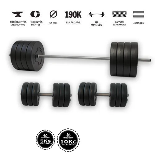 GazoFitness Hardcore 151 kg súlyzókészlet – egykezes és kétkezes súlyzókkal.