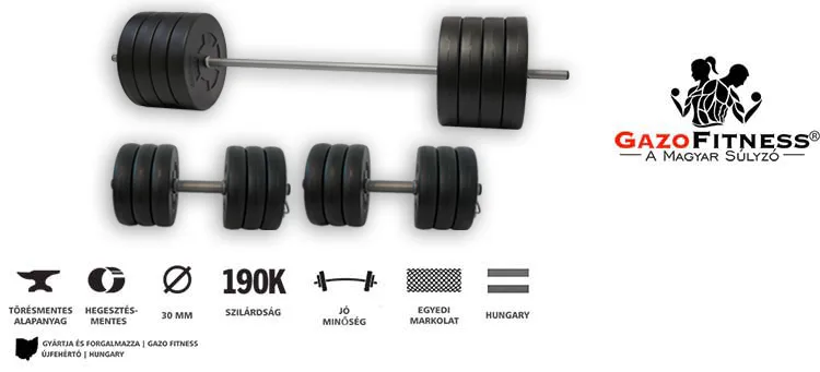 GazoFitness Hardcore 151 kg súlyzókészlet – egykezes és kétkezes súlyzókkal.