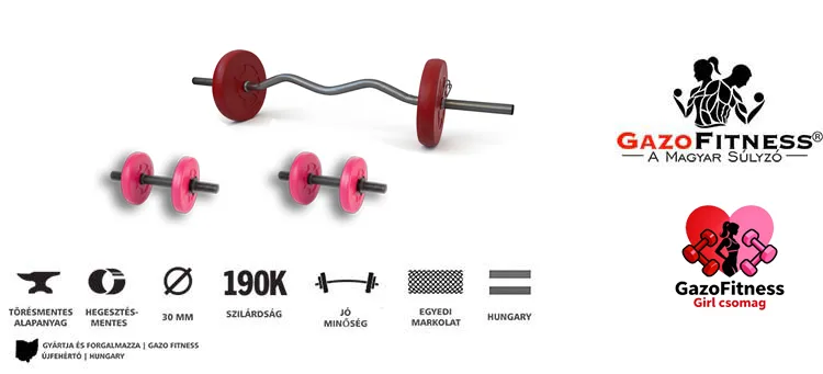 Gazo Fitness Girl 15 kg súlyzókészlet – egykezes és kétkezes súlyzókkal.