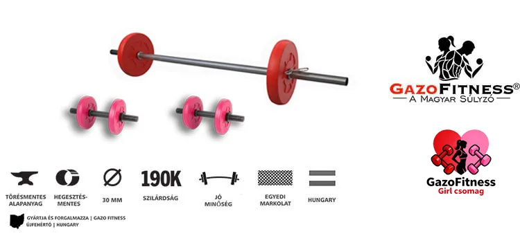 Gazo Fitness Girl csomag 15 kg Gazo Fitness Girl 15 kg súlyzókészlet – egykezes és kétkezes súlyzókkal.