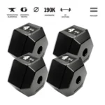Four black 4 kg hex dumbbells arranged in a cluster on a white background.