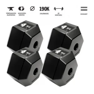 Four black 4 kg hex dumbbells arranged in a cluster on a white background.