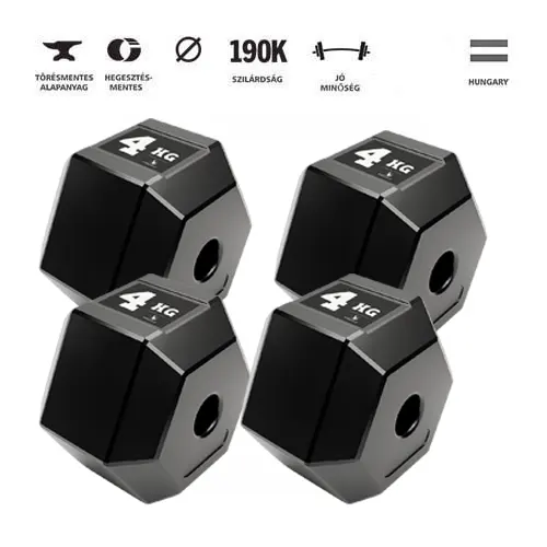 Four black 4 kg hex dumbbells arranged in a cluster on a white background.