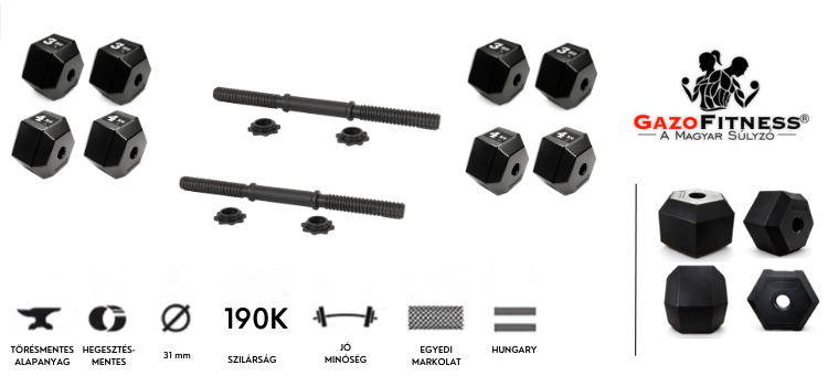 GazoFitness® Állítható Hexagon Kézi Súlyzó Szett – 2×7,5 kg / 2×9,5 kg /