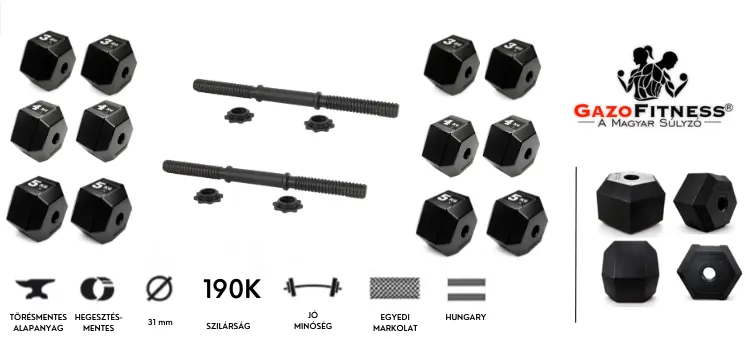 hexafő 48 kgfő GazoFitness® Állítható Hexagon Kézi Súlyzó Szett – 2×7,5 kg / 2×9,5 kg / 2×11,5 kg (Összesen: 48 kg)